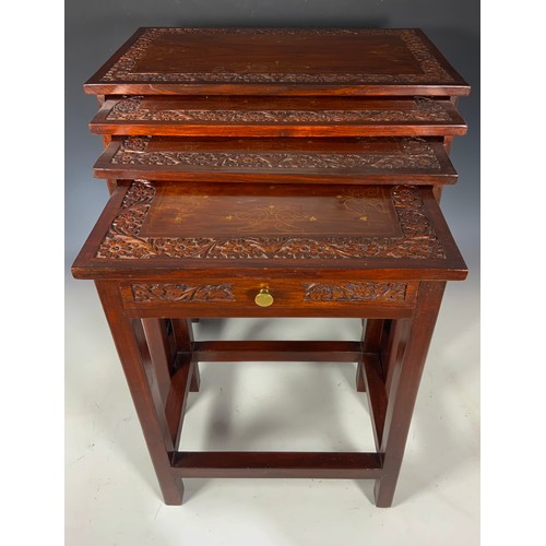 661 - NEST OF 4 HARDWOOD TABLES WITH  BRASS INLAY & CARVED DECORATION