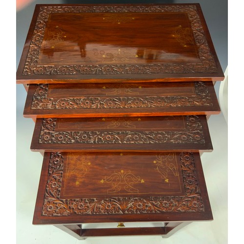 661 - NEST OF 4 HARDWOOD TABLES WITH  BRASS INLAY & CARVED DECORATION