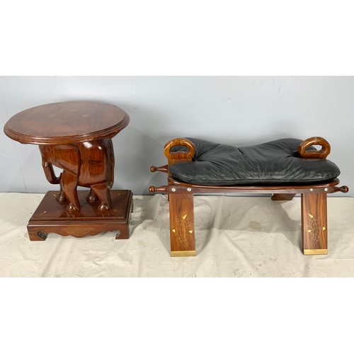 657 - CAMEL STOOL & ELEPHANT OCCASIONAL TABLE WITH BRASS INLAY DECORATION