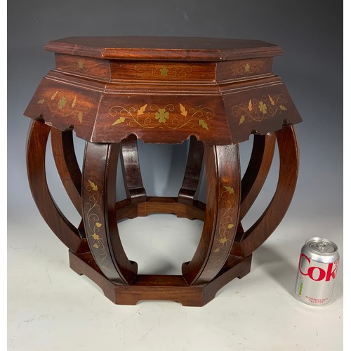 645 - ORNATE HARDWOOD OCTAGONAL OCCASIONAL TABLE WITH BRASS INLAY