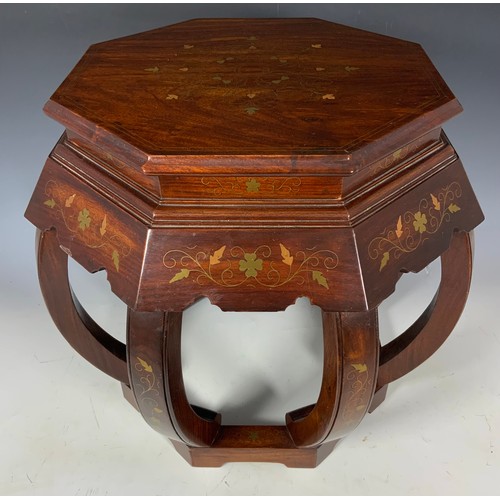 645 - ORNATE HARDWOOD OCTAGONAL OCCASIONAL TABLE WITH BRASS INLAY