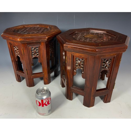 663 - 2 SMALL HARDWOOD OCTAGONAL FOLDING TABLES WITH BRASS INLAY & PIERCED DECORATION