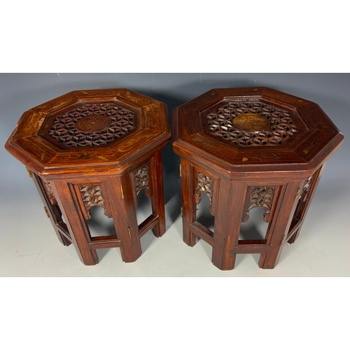 663 - 2 SMALL HARDWOOD OCTAGONAL FOLDING TABLES WITH BRASS INLAY & PIERCED DECORATION