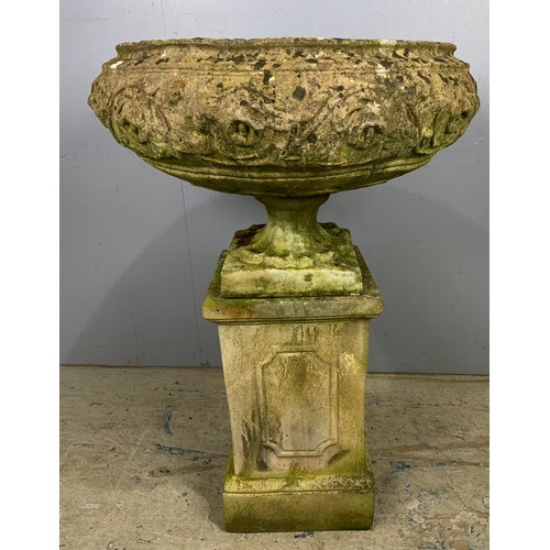 599 - GOOD QUALITY  COMPOSITE GARDEN URN ON PEDESTAL ON A RECTANGULAR PLINTH 102cm TALL , APPROX 69cm DIAM... 