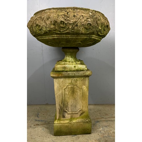 599 - GOOD QUALITY  COMPOSITE GARDEN URN ON PEDESTAL ON A RECTANGULAR PLINTH 102cm TALL , APPROX 69cm DIAM... 