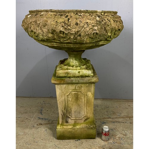 599 - GOOD QUALITY  COMPOSITE GARDEN URN ON PEDESTAL ON A RECTANGULAR PLINTH 102cm TALL , APPROX 69cm DIAM... 