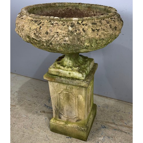 599 - GOOD QUALITY  COMPOSITE GARDEN URN ON PEDESTAL ON A RECTANGULAR PLINTH 102cm TALL , APPROX 69cm DIAM... 