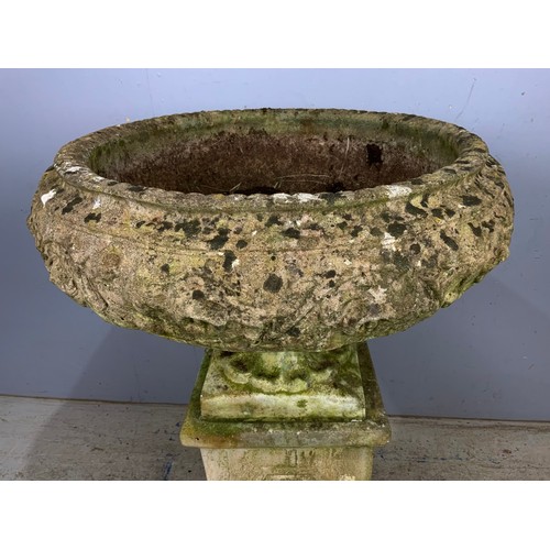 599 - GOOD QUALITY  COMPOSITE GARDEN URN ON PEDESTAL ON A RECTANGULAR PLINTH 102cm TALL , APPROX 69cm DIAM... 