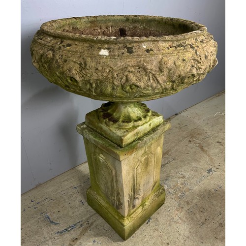 599 - GOOD QUALITY  COMPOSITE GARDEN URN ON PEDESTAL ON A RECTANGULAR PLINTH 102cm TALL , APPROX 69cm DIAM... 