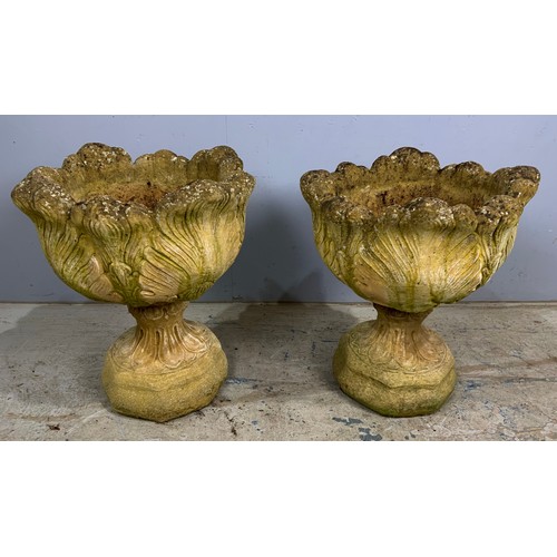 597 - PAIR OF COMPOSITE PLANTERS  ON SQUARE PEDESTAL BASES 40cm TALL APPROX  49cm DIAMETER OPTION ON NEXT ... 