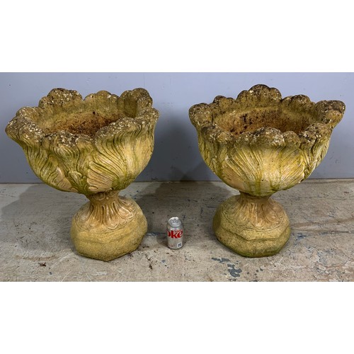 597 - PAIR OF COMPOSITE PLANTERS  ON SQUARE PEDESTAL BASES 40cm TALL APPROX  49cm DIAMETER OPTION ON NEXT ... 