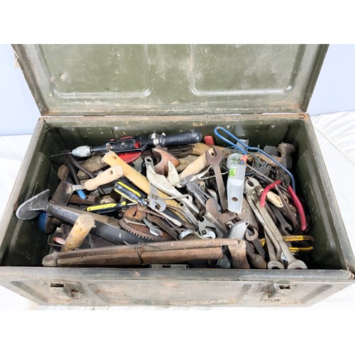 527 - METAL  AMMO TOOL BOX  WITH A LARGE QUANTITY OF HAND TOOLS