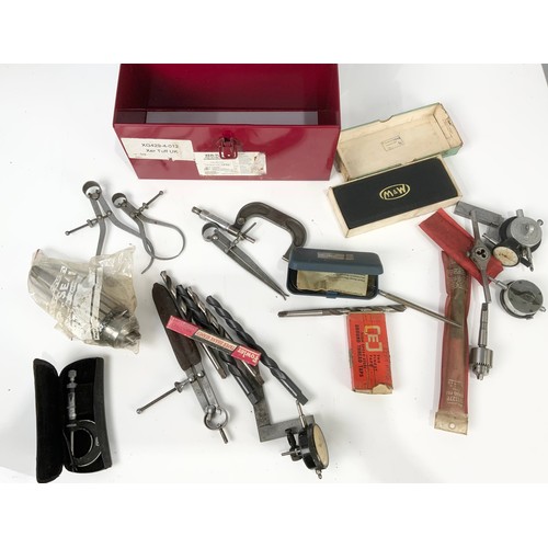 493 - RED TOOLBOX OF PRECISION TOOLS MICROMETER ETC.