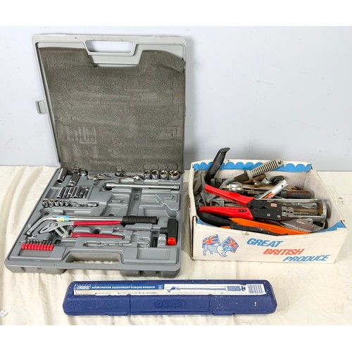 503 - LARGE SOCKET SET, DRAPER TORQUE WRENCH & A QUANTITY OF SPANNERS ETC