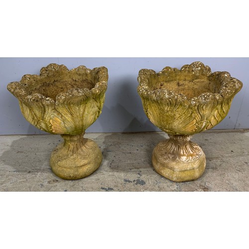 598 - PAIR OF COMPOSITE PLANTERS  ON SQUARE PEDESTAL BASES 40cm TALL APPROX  49cm DIAMETER