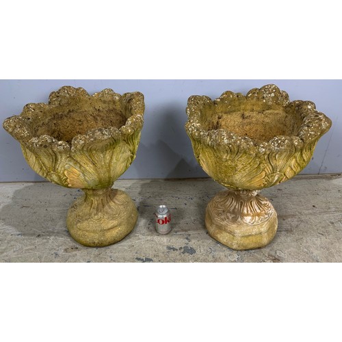 598 - PAIR OF COMPOSITE PLANTERS  ON SQUARE PEDESTAL BASES 40cm TALL APPROX  49cm DIAMETER