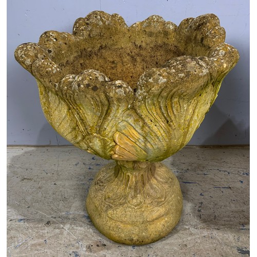 598 - PAIR OF COMPOSITE PLANTERS  ON SQUARE PEDESTAL BASES 40cm TALL APPROX  49cm DIAMETER