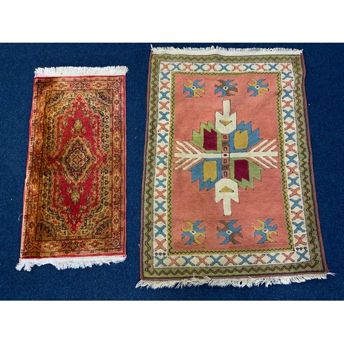 727 - RED GROUND RUG WITH GEOMETRIC PATTERN 147cm x 107cm & A RED GROUND RUNNER 118cm x60cm