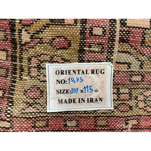 730 - GOOD QUALITY  IRANIAN RED GROUND RUNNER / RUG WITH GEOMETRIC PATTERN 332cm x115cm