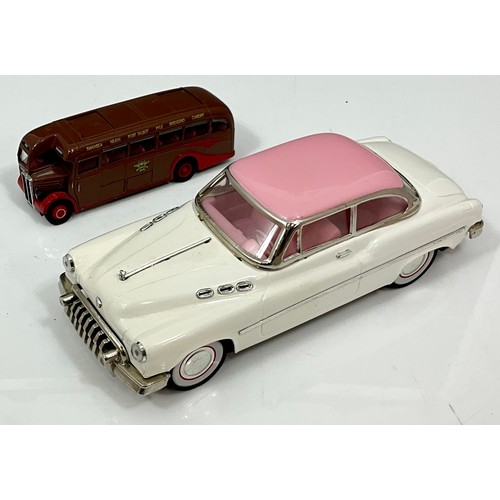 99 - TINPLATE FRICTION BOXED UNNAMED CAR, LARGE SCALE, PLUS AN U/B CORGI AEC REGAL COACH N&C SWANSEA