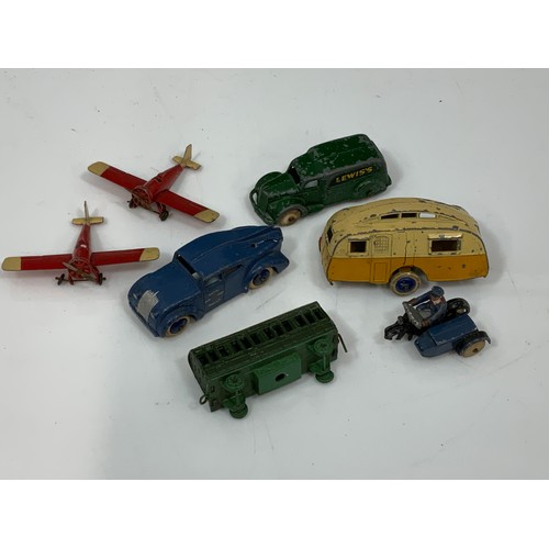 200 - DINKY TOYS, VERY EARLY CARAVAN, NO BASE PLATE, ROYAL AIM MAIL SERVICE (SUFFERING METAL FATIGUE), 4 W... 