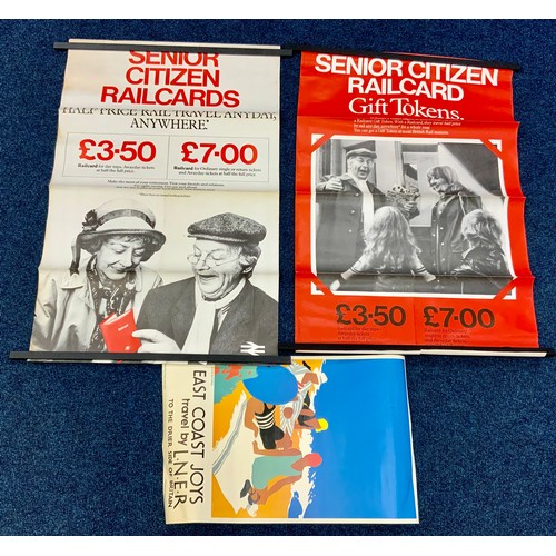 276 - RAILWAY POSTERS, 2 VERSION OF SENIOR CITIZEN RAILCARDS, INC CLIVE DUNN,  BRB P51/379 LONSDALE, P72/A... 