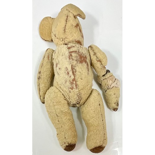 101 - VINTAGE TEDDY BEAR, IN NEED OF SOME RESTORATION & TLC, FLOCK FILLED, & NON WORKING GROWLER, OVERALL ... 