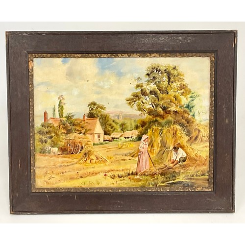 6 - OIL ON CANVAS DEPICTING HARVEST SCENE, APPROX. 40 x 30 cm, MONOGRAM MN, DATED 1906