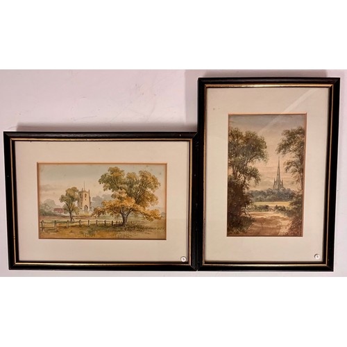 20 - 3 SIMILAR FRAMED WATERCOLOURS, A CHURCH AND 2 RIVER BRIDGES (3) T/W 2 SIMILAR FRAMED WATERCOLOURS OF... 