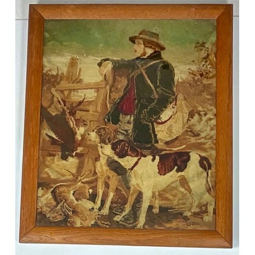 43 - FRAMED TAPESTRY, A DEPICTION OF RICHARD ANSDELL ‘THE ENGLISH GAMEKEEPER’ AND HIS HOUNDS. 48 x 39cm