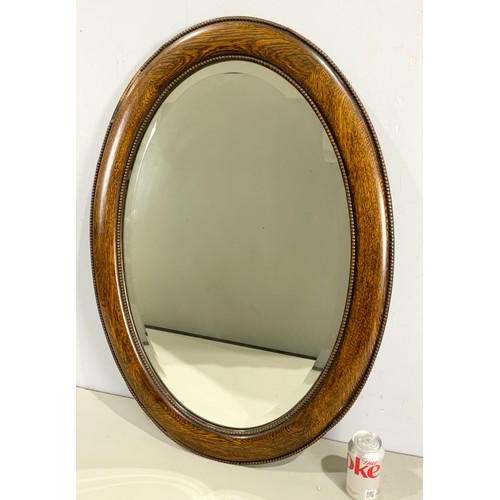 54 - GOOD QUALITY OAK FRAMED OVAL BEVELLED MIRROR  FRAME  87cm LONG