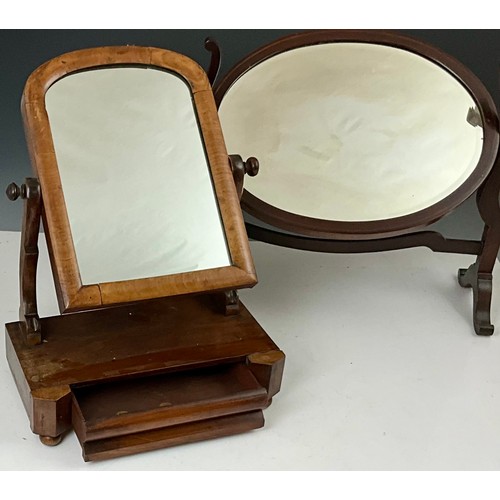 55 - ROSEWOOD VICTORIAN DRESSING TABLE MIRROR WITH DRAWER AND OVAL MAHOGANY FRAMED MIRROR ON SCROLL STAND