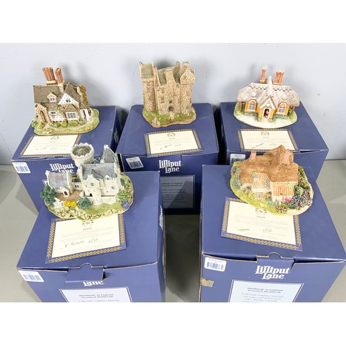 106 - 5 BOXED LARGE LILLIPUT  LANE MODELS INC PENHILL CASTLE, GERTUDES GARDEN, CLAYPOTTS CASTLE, DOUBLE CO... 