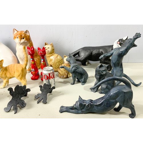 127 - LARGE QUANTITY OF CAT ORNAMENTS INC CERAMIC & WOODEN  TALLEST 32cm