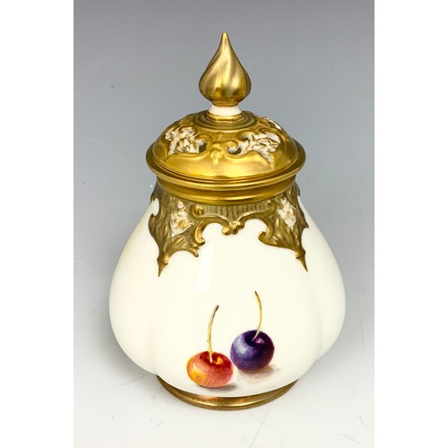 62 - ROYAL WORCESTER QUARTER LOBE VASE & PIERCED COVER DECORATED WITH HAND PAINTED FRUIT SIGNED FREEMAN 1... 