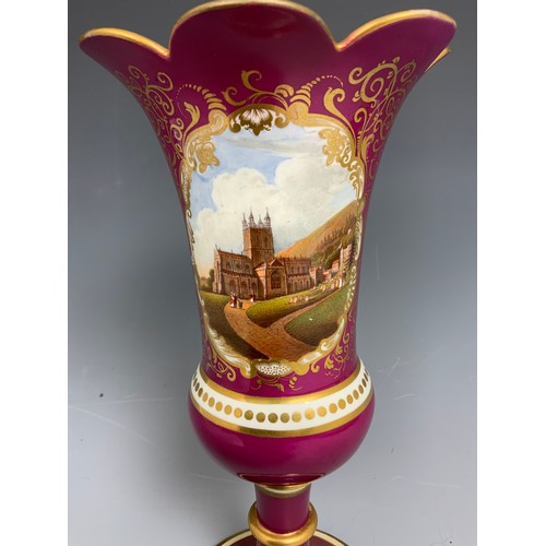 51 - 19th CENTURY CHAMBERLAIN'S WORCESTER  VASE BURGUNDY GROUND WITH GILT TRIM WITH A CARTOUCH DECORATED ... 