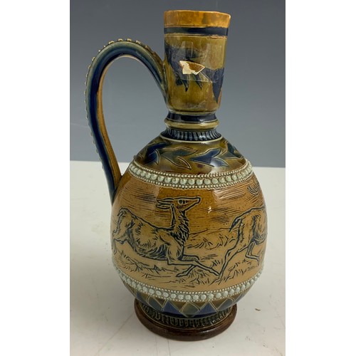 34 - RARE. DOULTON LAMBETH FLORENCE BARLOW EWER  WITH SGRAFFITO DECORACTION DEPICTING DEERS , STAGS IN NA... 