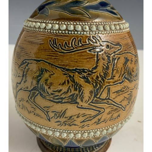 34 - RARE. DOULTON LAMBETH FLORENCE BARLOW EWER  WITH SGRAFFITO DECORACTION DEPICTING DEERS , STAGS IN NA... 