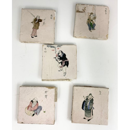 22 - 5 RARE DELFT TILES EACH DEPICTING A CHINESE FIGURE, EACH APPROX. 13 cm square