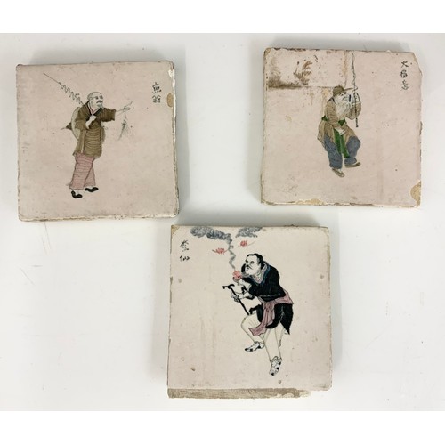 22 - 5 RARE DELFT TILES EACH DEPICTING A CHINESE FIGURE, EACH APPROX. 13 cm square