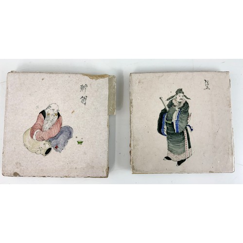 22 - 5 RARE DELFT TILES EACH DEPICTING A CHINESE FIGURE, EACH APPROX. 13 cm square