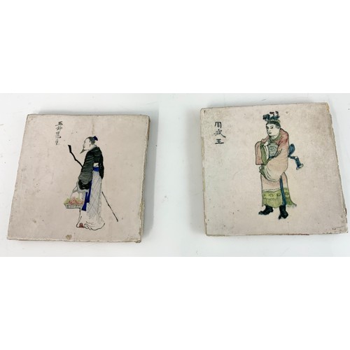 21 - 4 RARE DELFT TILES EACH DEPICTING A CHINESE FIGURE, EACH APPROX. 13 cm square