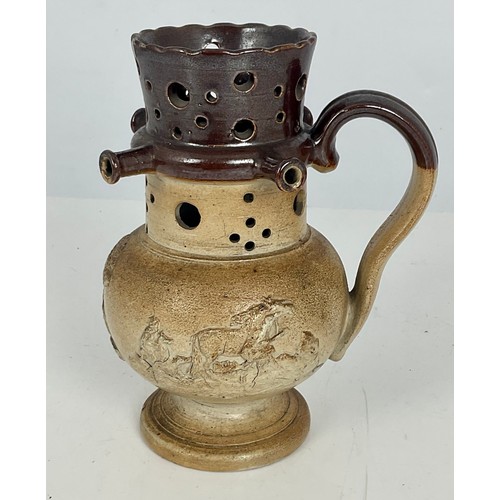 33 - 19TH CENTURY SALT GLAZED STONEWARE PUZZLE JUG, RELIEF DECORATED WITH HUNTING SCENES, APPROX. 19 cm h... 