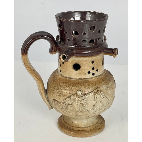 33 - 19TH CENTURY SALT GLAZED STONEWARE PUZZLE JUG, RELIEF DECORATED WITH HUNTING SCENES, APPROX. 19 cm h... 