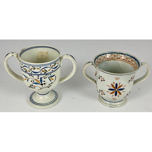 24 - 2 LATE 18TH/ EARLY 19TH CENTURY PEARLEWARE 2 HANDLES LOVING CUPS, ONE INSCRIBED GEO. ROLINSON 1808 T... 