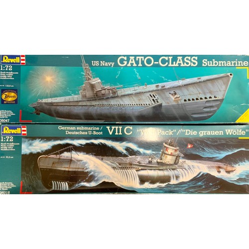 73 - TWO PLASTIC REVELL MODEL KITS: US NAVY GATO-CLASS SUBMARINE 1:72 & GERMAN U-BOAT VII C WOLF PACK 1:7... 