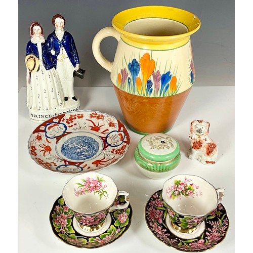 166 - MISC. CHINA AND PORCELAIN INCLUDING CLARICE CLIFF CROCUS JUG AF, STAFFORDSHIRE FIGURE GROUP, STAFFOR... 