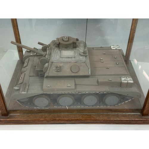 76 - SCRATCH BUILT TANK IN GLASS DISPLAY CASE. CASE MEASURES APPROX 40CM X 35CM X 25CM.