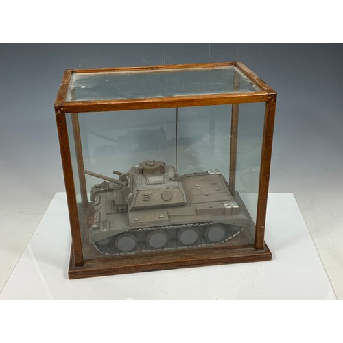 76 - SCRATCH BUILT TANK IN GLASS DISPLAY CASE. CASE MEASURES APPROX 40CM X 35CM X 25CM.