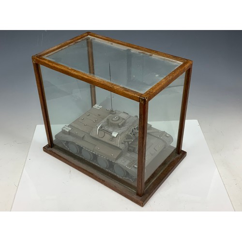 76 - SCRATCH BUILT TANK IN GLASS DISPLAY CASE. CASE MEASURES APPROX 40CM X 35CM X 25CM.